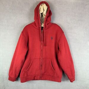 Y2K U.S. POLO ASSN Men's Hoodie XL Full-Zip Sherpa Fleece Lined Red Grunge Skate